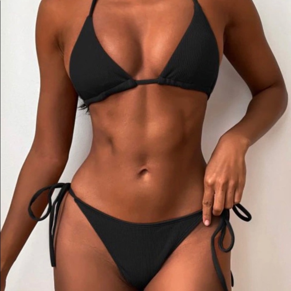 Black Ribbed String Bikini
